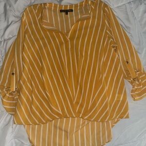 Always Indigo women’s yellow white stripe high low blouse top size L